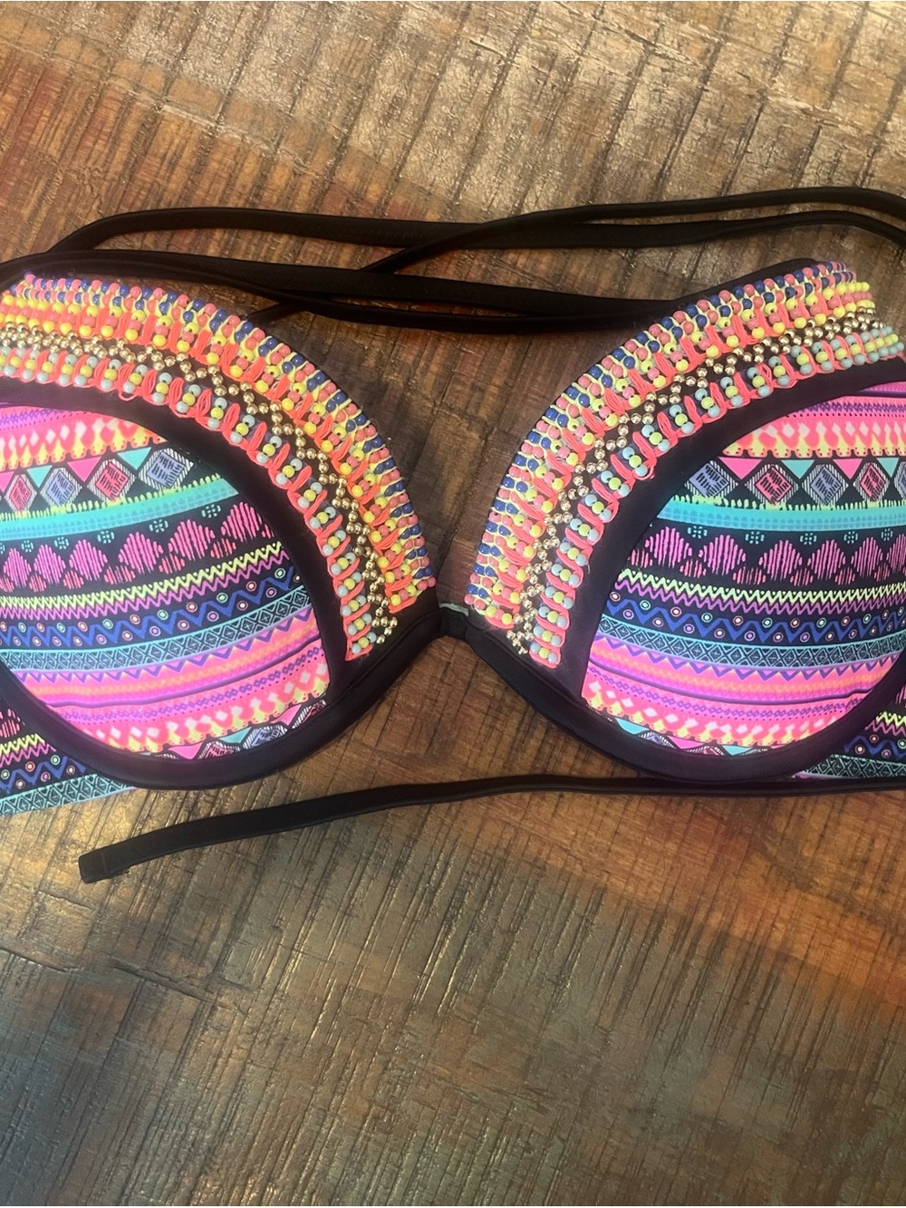 Shade & Shore Neon Tribal Beaded Push-Up Bikini Top - Pink, Blue, Yellow